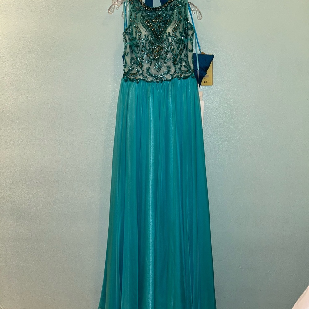 Angela & Alison Teal Beaded Bodice Prom Gown